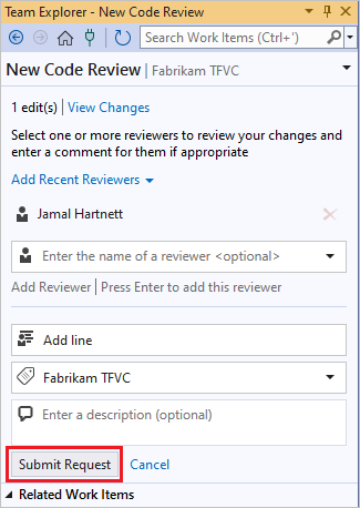 チーム エクスプローラーの [要求の送信] ボタンと入力された [新しいコード レビュー] ページのスクリーンショット。