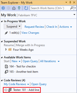 チーム エクスプローラーの [担当作業] ページのレビュー要求のスクリーンショット。