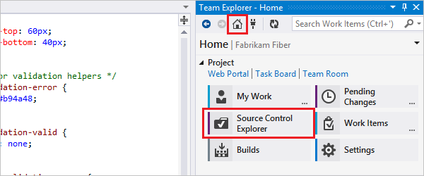 ソース管理エクスプローラーを選択したチーム エクスプローラーのホーム ページを示すスクリーンショット。