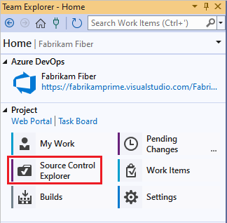 ソース管理エクスプローラーを選択したチーム エクスプローラーのホーム ページを示すスクリーンショット。