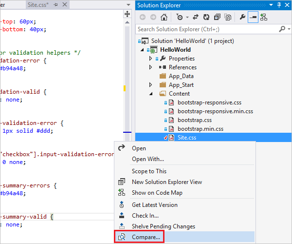 ソリューションのエクスプローラーのコンテキスト メニューの比較オプションを示すスクリーンショット。