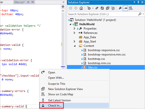 ソリューションのエクスプローラーのコンテキスト メニューのチェック イン オプションを示すスクリーンショット。