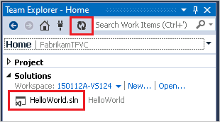 スクリーンショットには、Visual Studio でソリューションを開くことができるチーム エクスプローラーのホーム ページが表示されています。