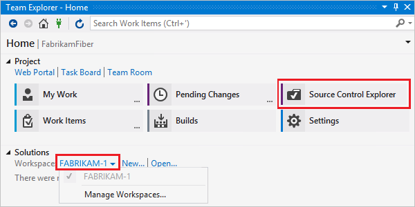 [ソース管理エクスプローラー] または [ワークスペースの管理] を選択できるチーム エクスプローラーを示すスクリーンショット。