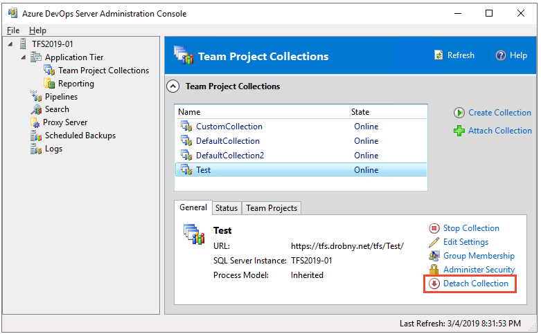 [Detach collection] (Azure DevOps Server 2019-2020) の選択のスクリーンショット。