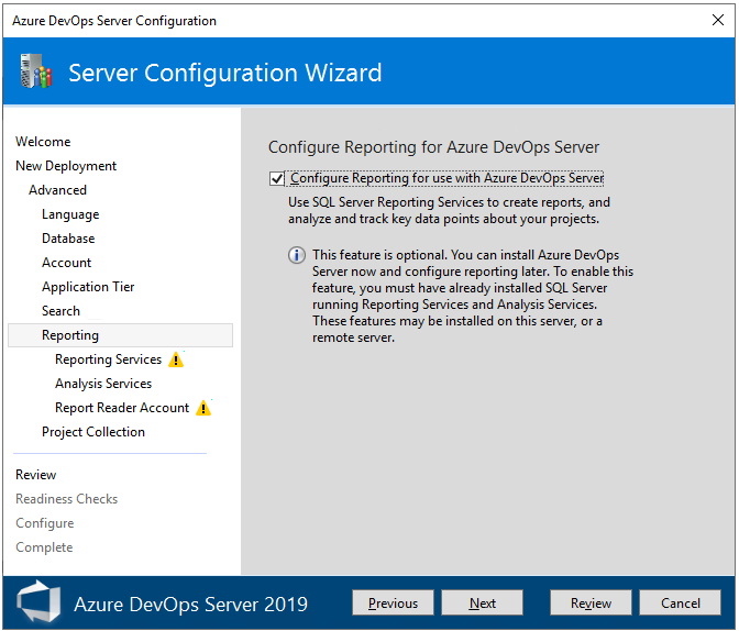 Advanced、Reporting、Azure DevOps Server 2019 以降のバージョンのスクリーンショット。