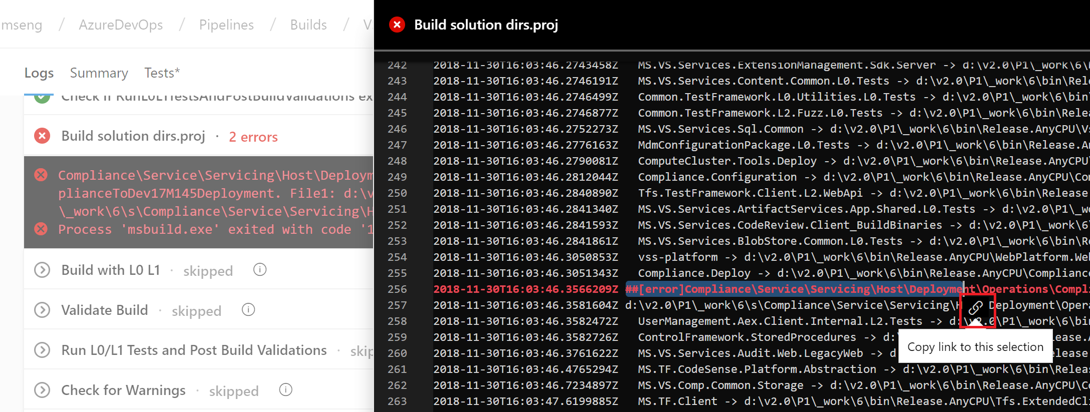 [ビルド ソリューション dirs.proj] ファイルのスクリーンショット。ログの行が強調表示され、[この選択へのリンクのコピー] オプションが強調表示されています。