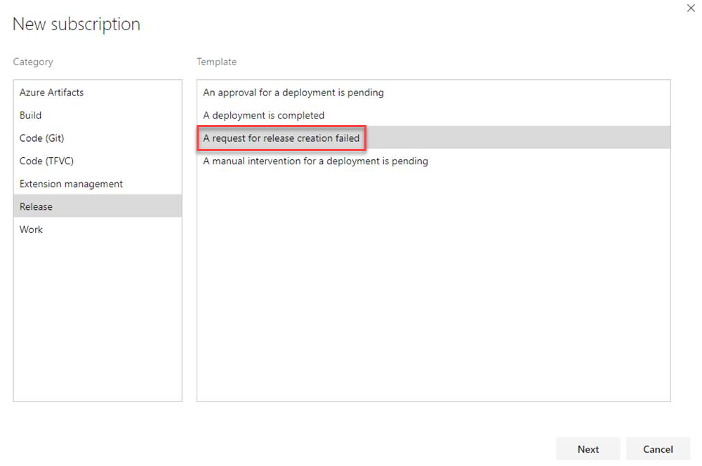 [リリース] カテゴリが強調表示され、[A request for release creation failed]\(リリース作成の要求が失敗しました\) オプションが強調表示されている [新しいサブスクリプション ウィザード] を示すスクリーンショット。