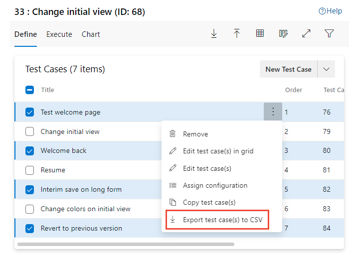 選択したテスト ケースのスクリーンショット。テスト ケースを CSV にエクスポートします。