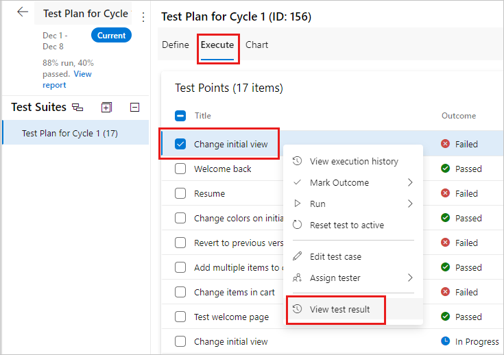 [テスト結果の表示] オプションが選択されているテスト ケースのコンテキスト メニューを示すスクリーンショット。