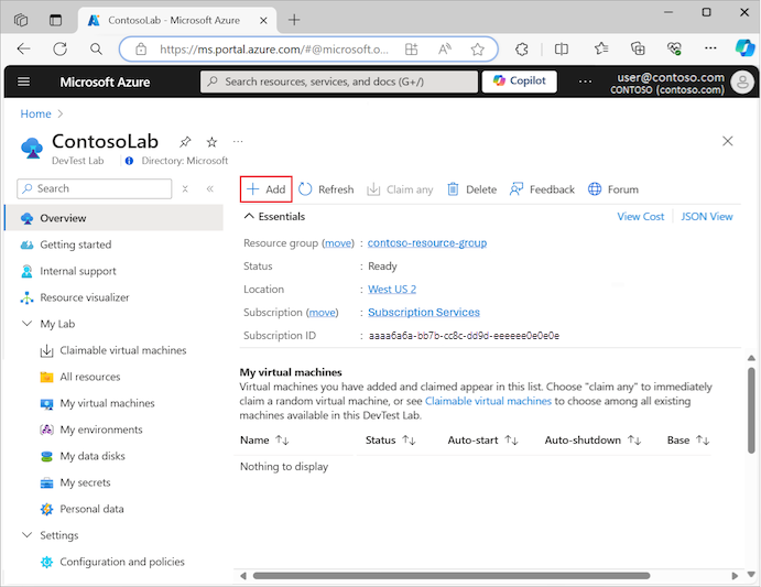 Azure portal でラボの仮想マシンを追加する方法を示すスクリーンショット。