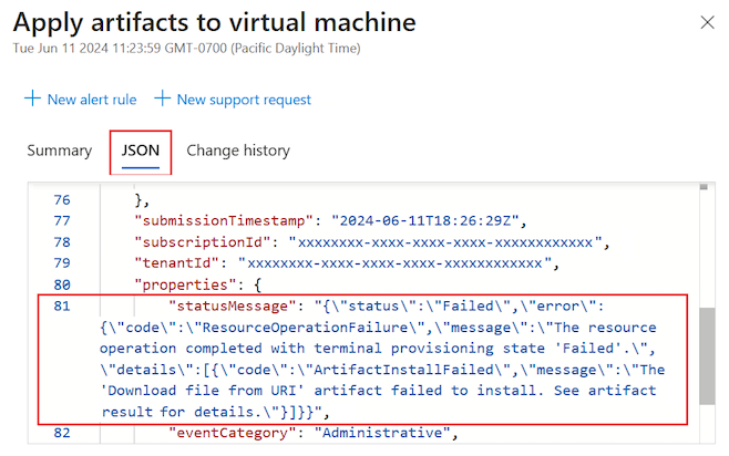 失敗したアーティファクトのアクティビティ ログ エントリで、JSON の詳細を表示する方法を示すスクリーンショット。