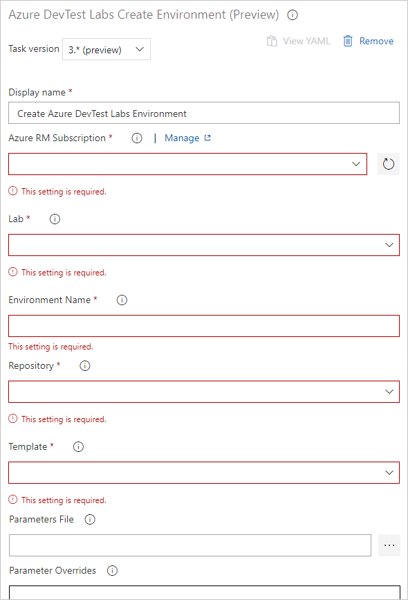 このスクリーンショットは Azure DevTest Labs の Azure Pipelines 環境に必要となるフィールドを示しています。