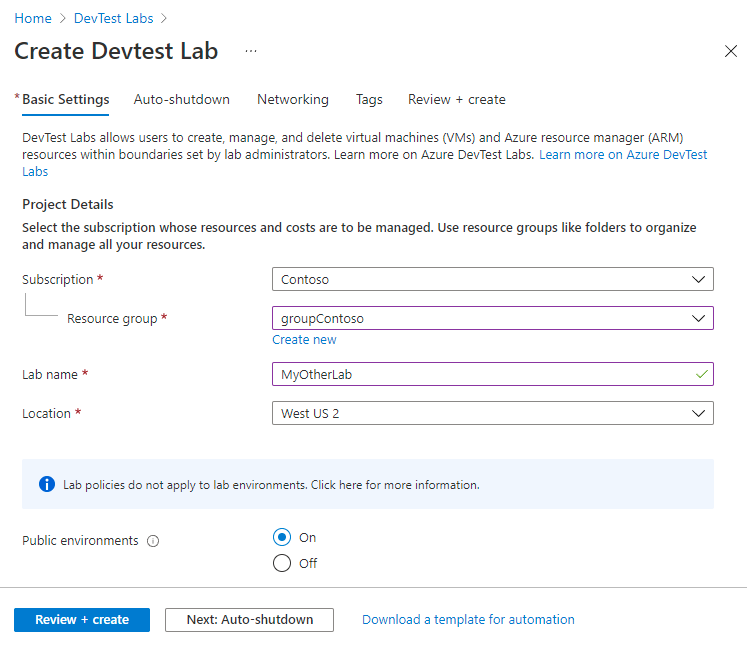 DevTest Labs の作成フォームの [基本設定] タブのスクリーンショット。