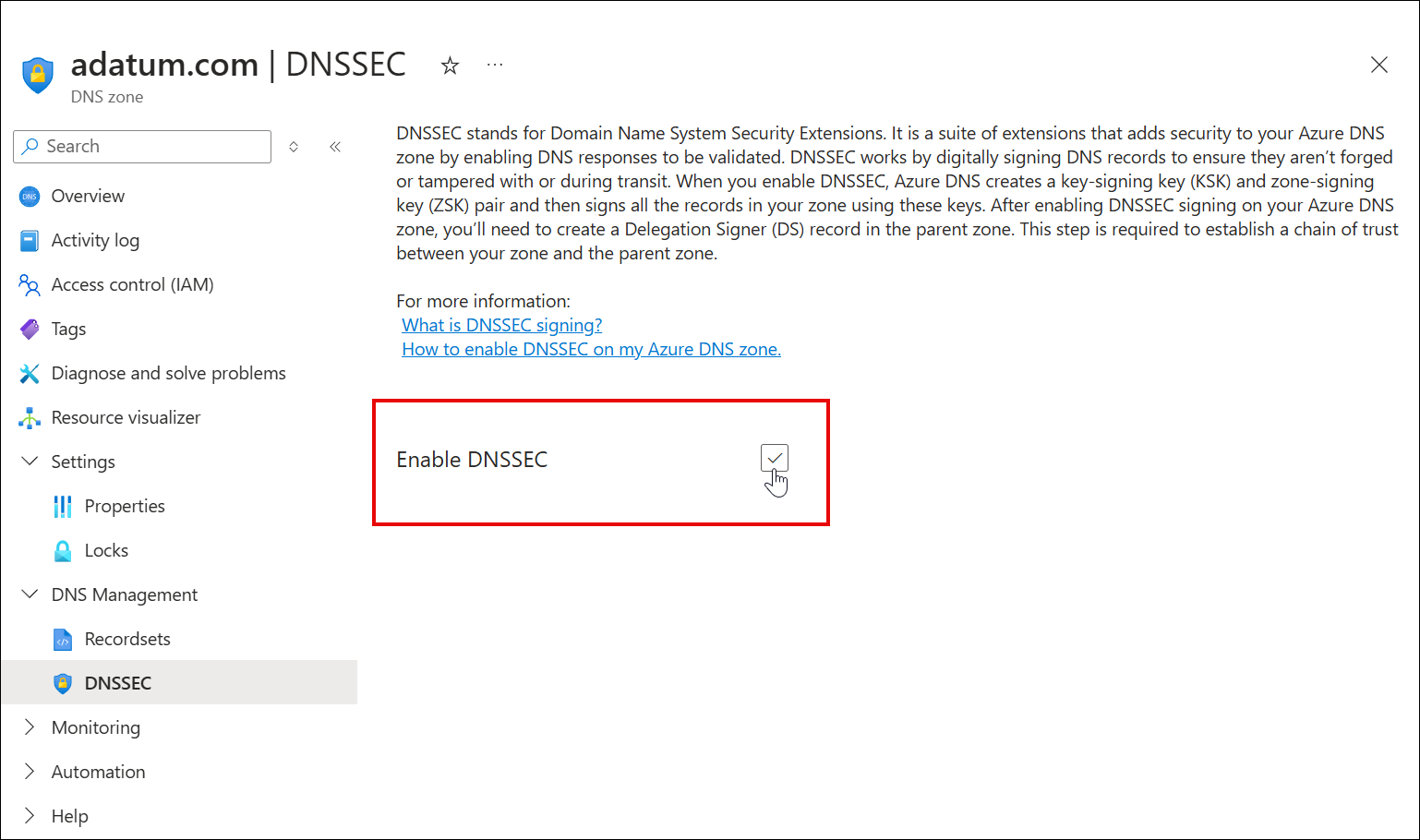 DNSSEC チェックボックスをオンにしているスクリーンショット。