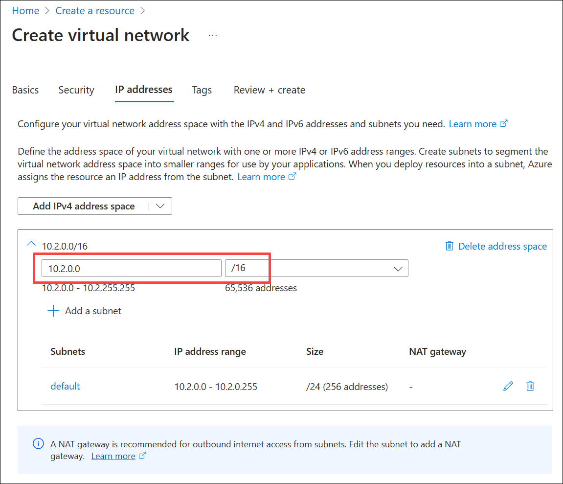 VNet IPv4 アドレス空間の指定を示すスクリーンショット。