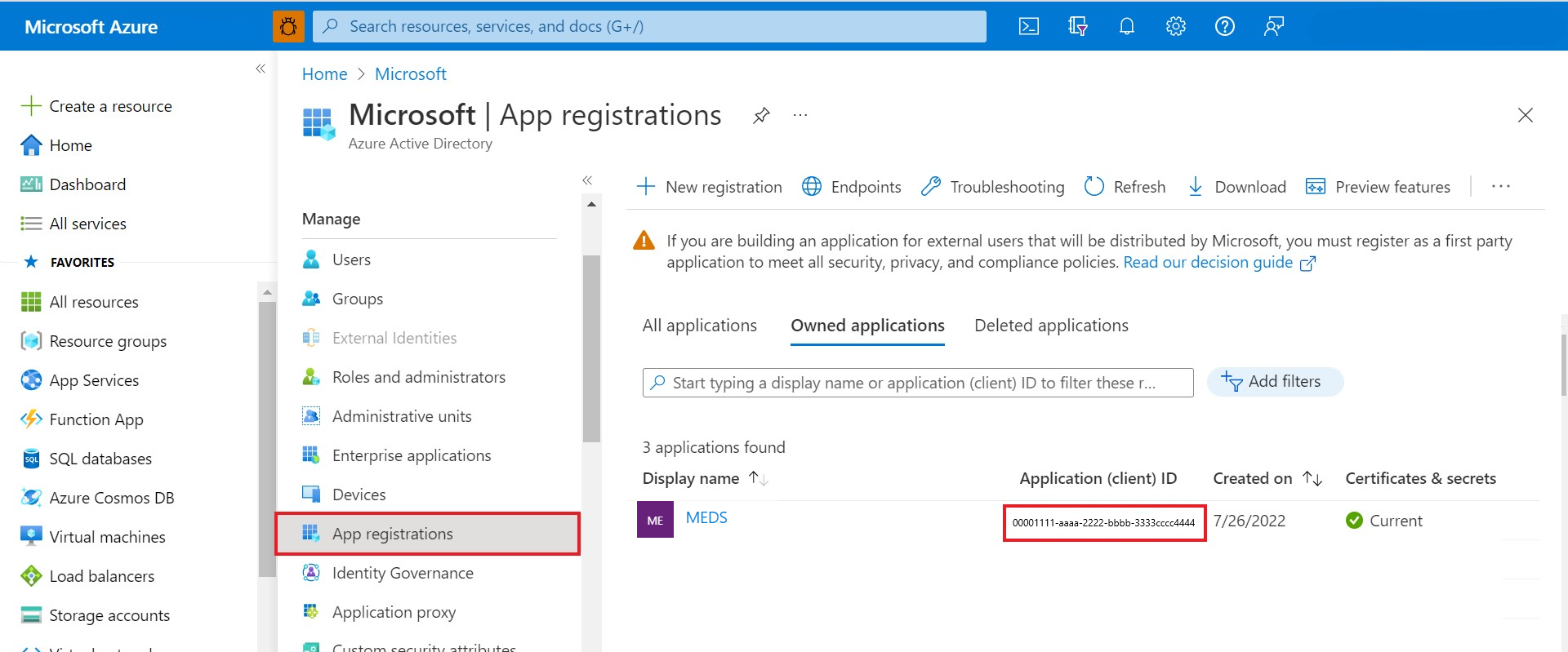 登録済みアプリのクライアント ID の検索を示すスクリーンショット。