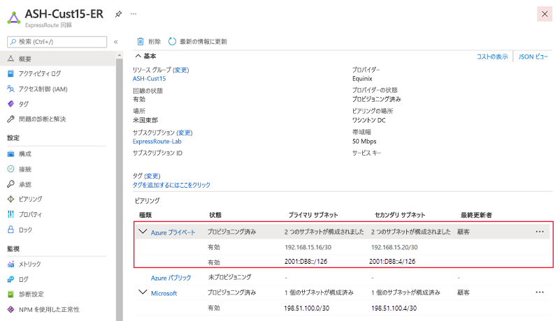 プライベート ピアリングに構成された Ipv6 のスクリーンショット。