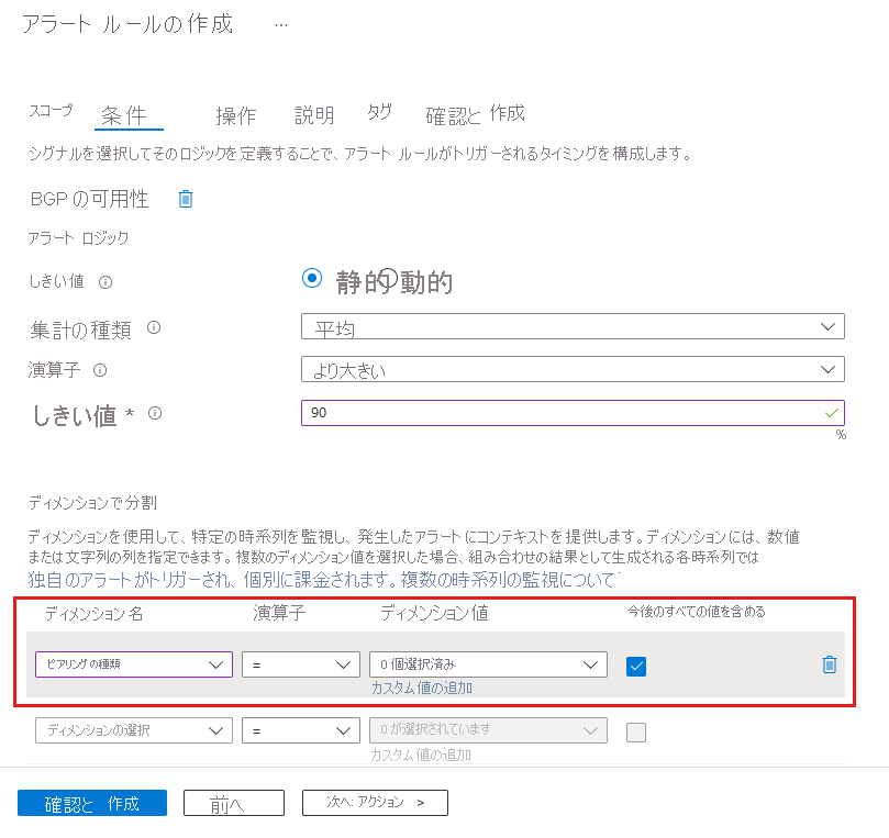 ExpressRoute ピアリングの設定に基づくアラート ルールのスクリーンショット。