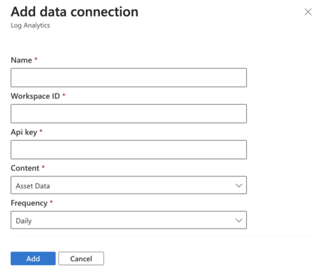 Log Analytics の [データ接続の追加] 画面を示すスクリーンショット。