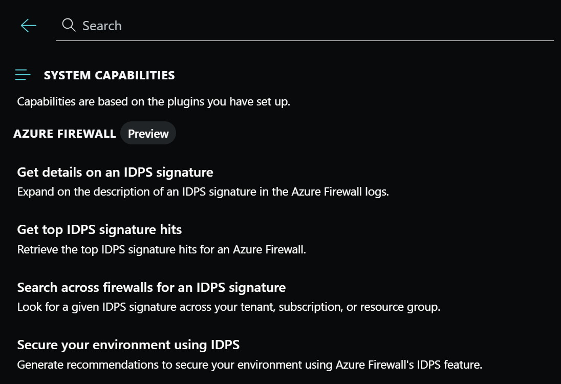 Microsoft Security Copilot の Azure Firewall のシステム機能のスクリーンショット。