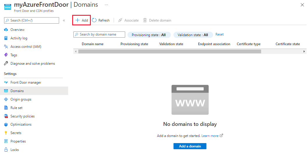 Azure Front Door プロファイルへの新しいドメインの追加を示すスクリーンショット。