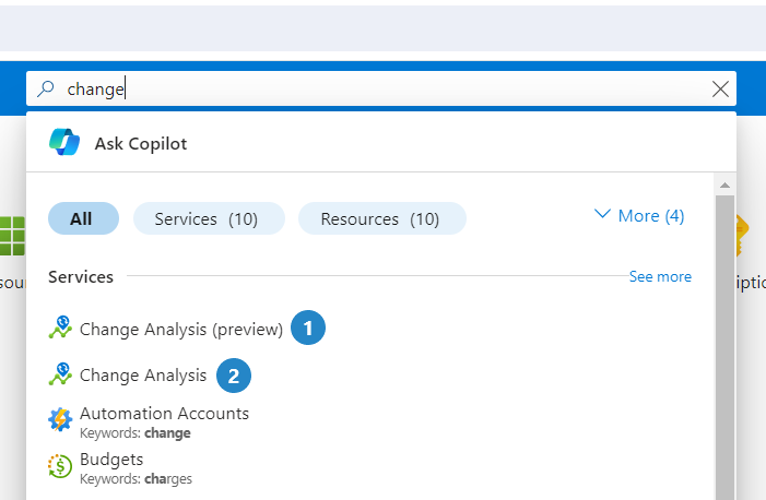 Azure portal での変更分析の検索結果のスクリーンショット。