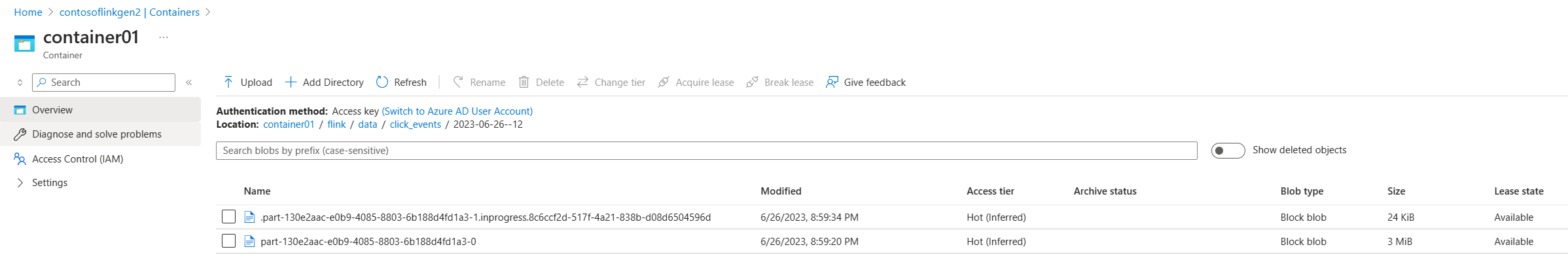 ADLS Gen2 出力を示すスクリーンショット。