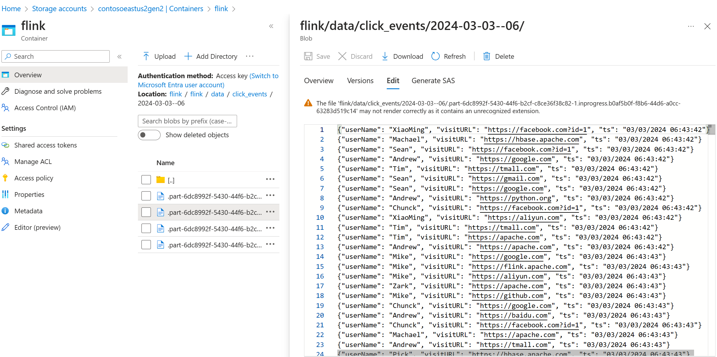 Flink クリック イベントの出力を示すスクリーンショット。