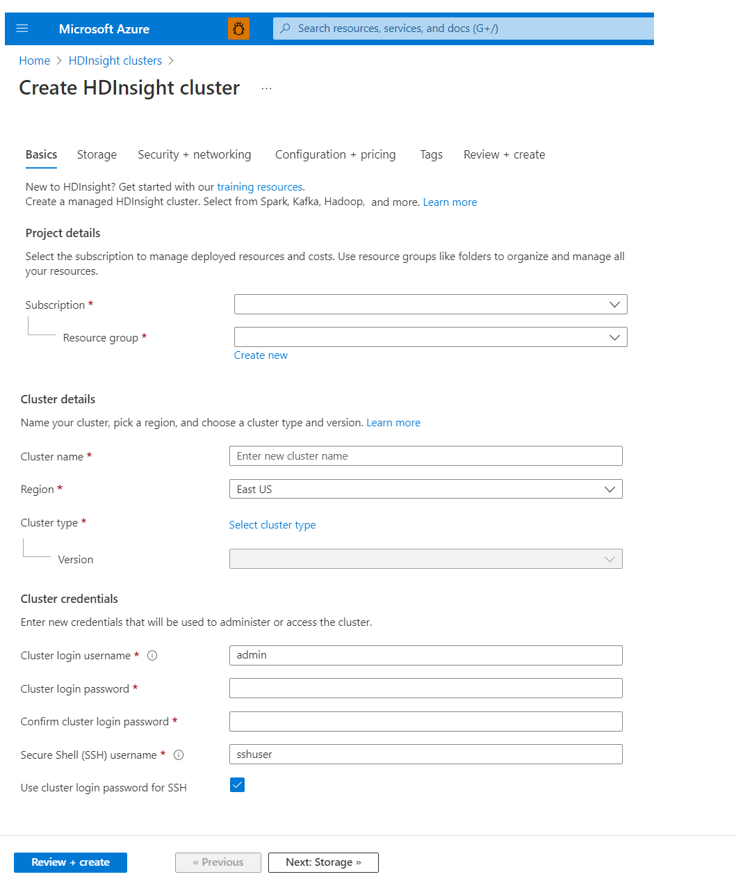 HDInsight のカスタム クイック作成オプション。