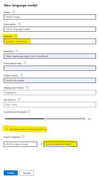 Screenshot of the healthcare agent service linking to the Question Answer Model