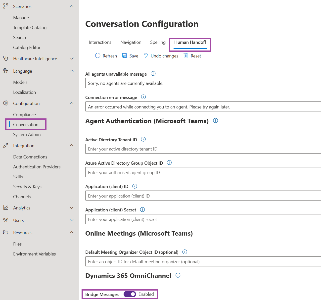 "A screenshot to enable the Dynamics 365 bridging"