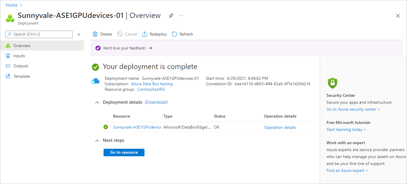 Azure Stack Edge の完了した管理リソースを示すスクリーンショット。