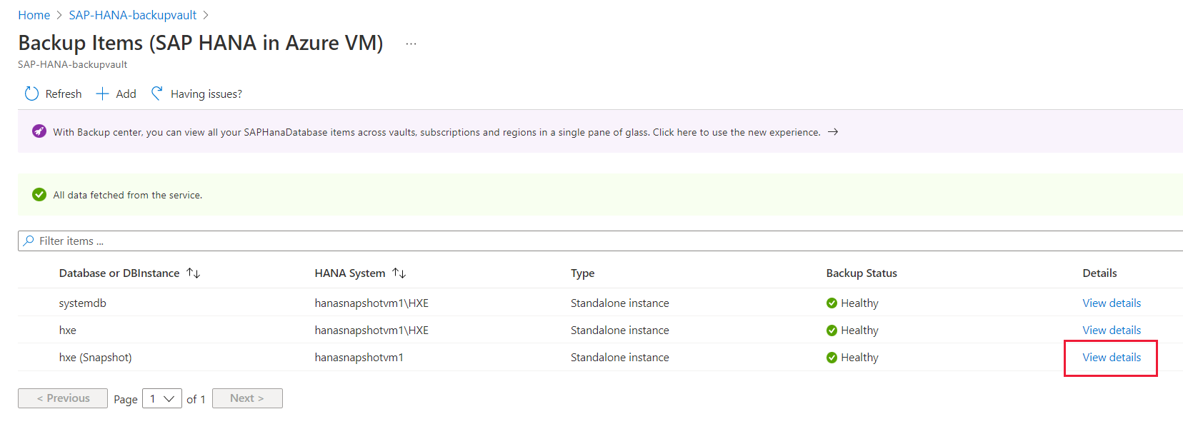 HANA データベース スナップショットの詳細を表示する場所を示すスクリーンショット。