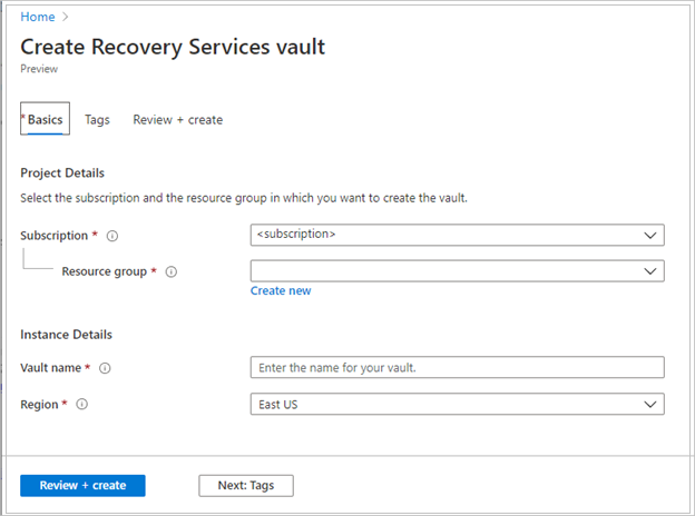 Recovery Services コンテナーを構成するためのフィールドを示すスクリーンショット。