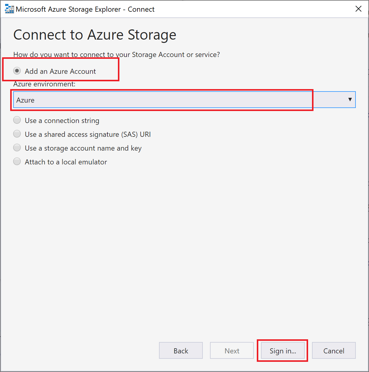 Azure アカウント ウィンドウへのサインインのスクリーンショット。