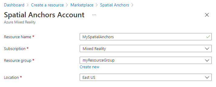 リソースを作成するための [Spatial Anchors] ウィンドウのスクリーンショット。