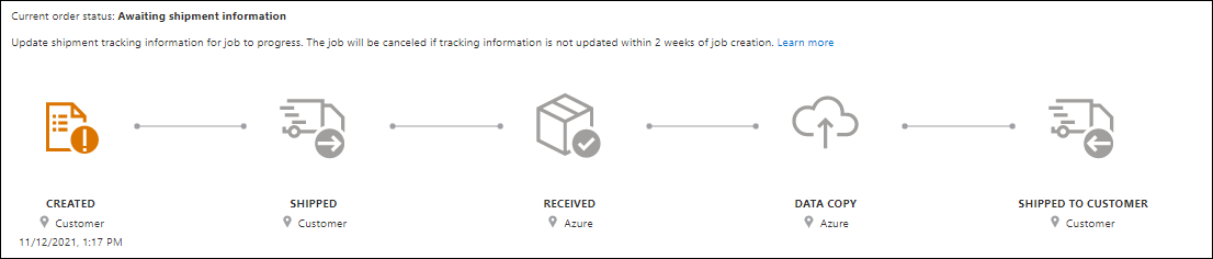 プレビュー ポータルに表示された、Azure Import/Export ジョブの [概要] ペインの状態の追跡を示すスクリーンショット。