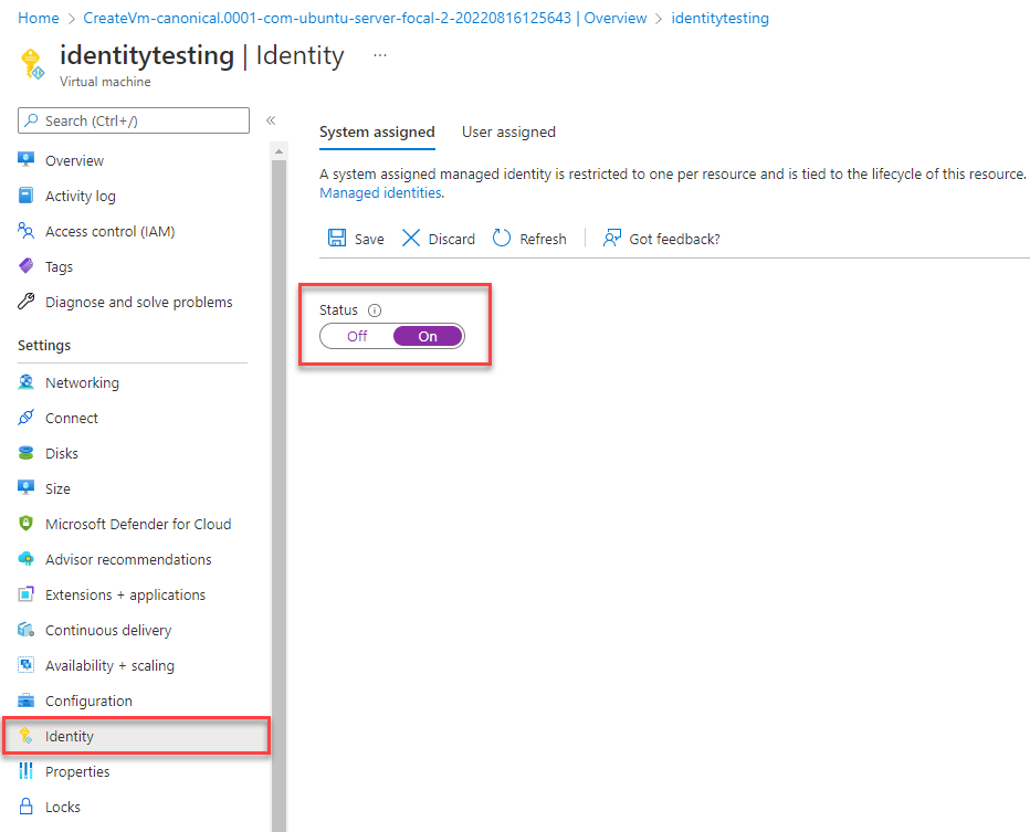 仮想マシンのマネージド ID を有効にする方法を示すスクリーンショット。