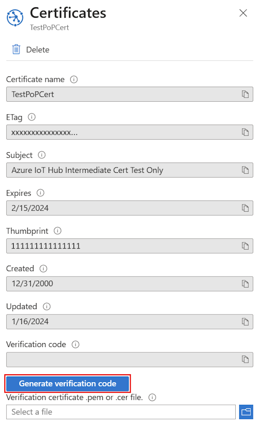 所有証明の確認コードの生成を示すスクリーンショット。