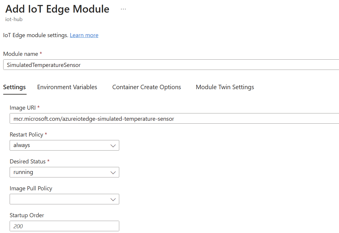 Azure portal での Simulated Temperature Sensor モジュールの IoT Edge 設定の追加を示すスクリーンショット。