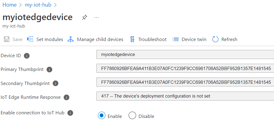 Azure portal の IoT Hub デバイス設定のスクリーンショット。証明書の拇印フィールドに値が表示されています。