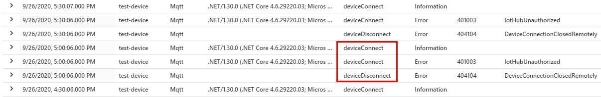 DeviceDisconnect イベントと DeviceConnect イベントを示す Azure Monitor ログのスクリーンショット。