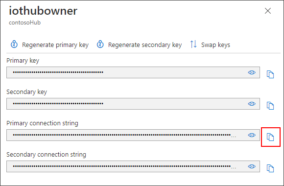 iothubowner プライマリ接続文字列をコピーする。