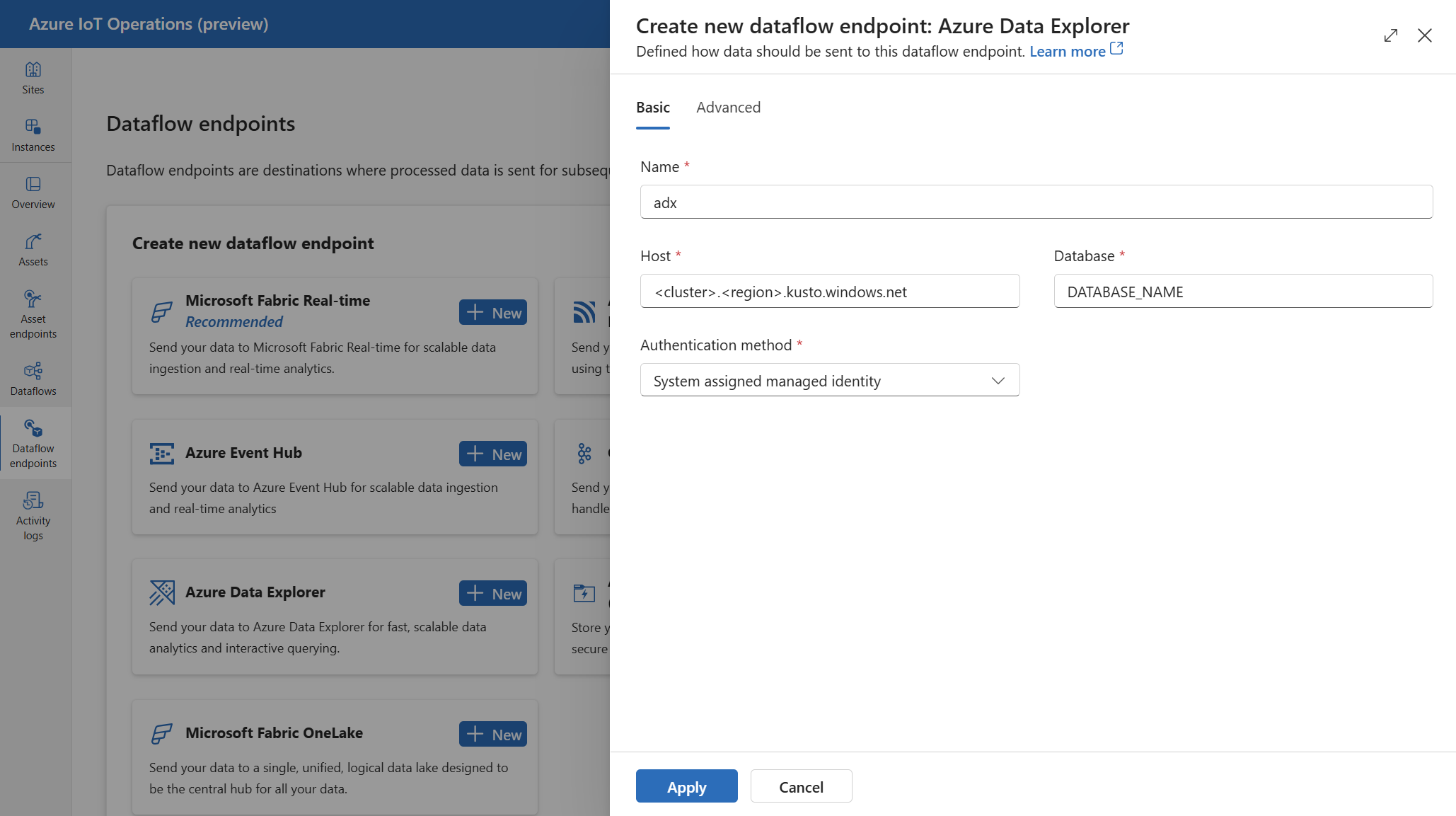 操作エクスペリエンスを使用して Azure Data Explorer データフロー エンドポイントを作成するスクリーンショット。