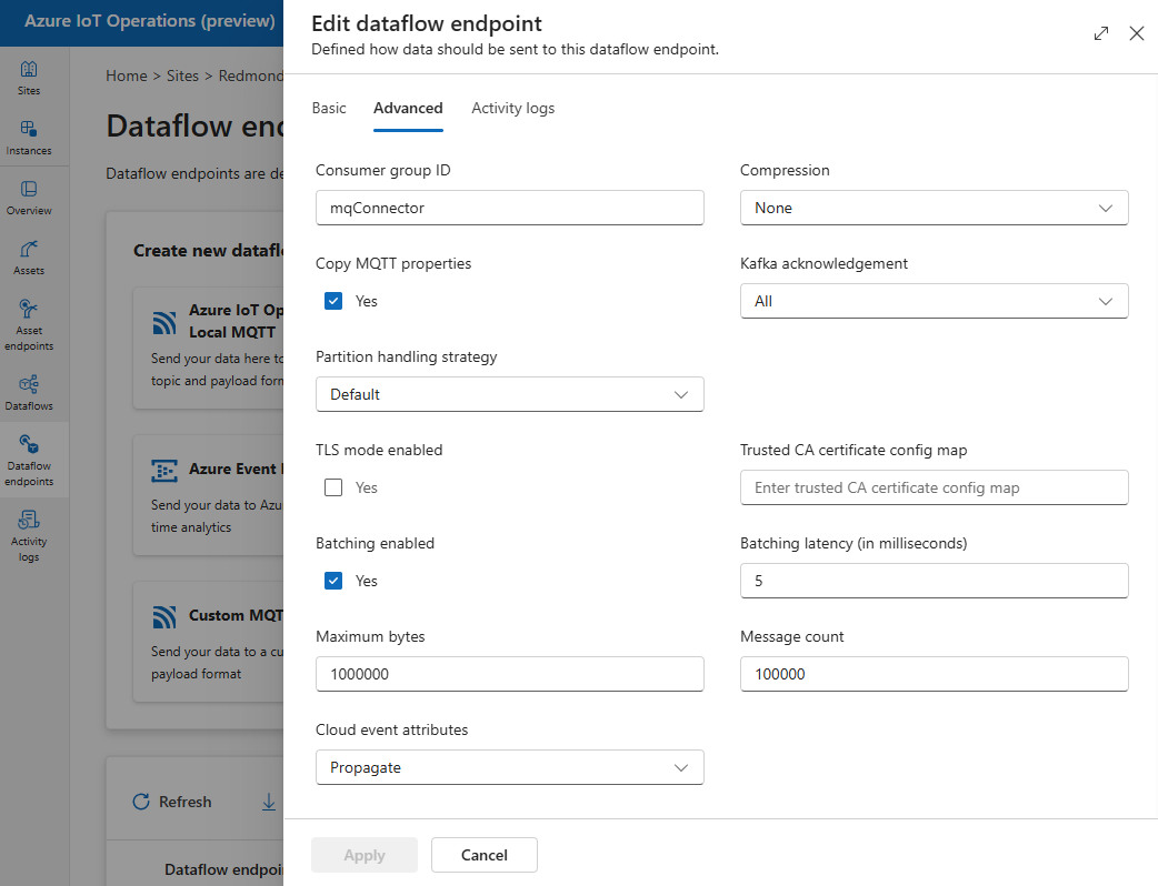 Operations Experience を使って Kafka データフロー エンドポイントの詳細設定を行っているスクリーンショット。