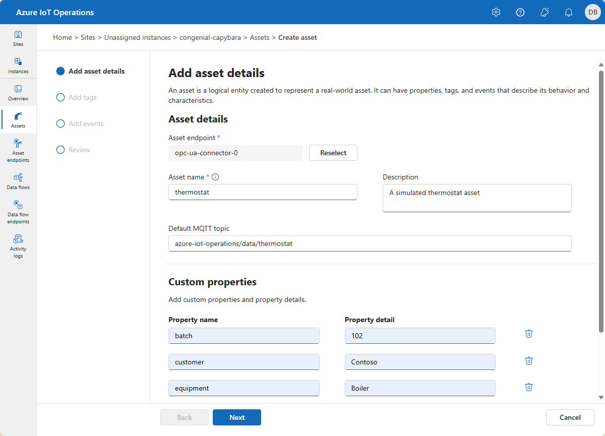 Azure IoT Operations の資産の詳細ページのスクリーンショット。