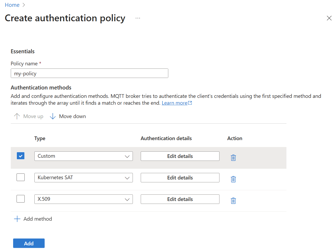 Azure portal を使用して MQTT ブローカー認証ポリシー方法を追加するスクリーンショット。