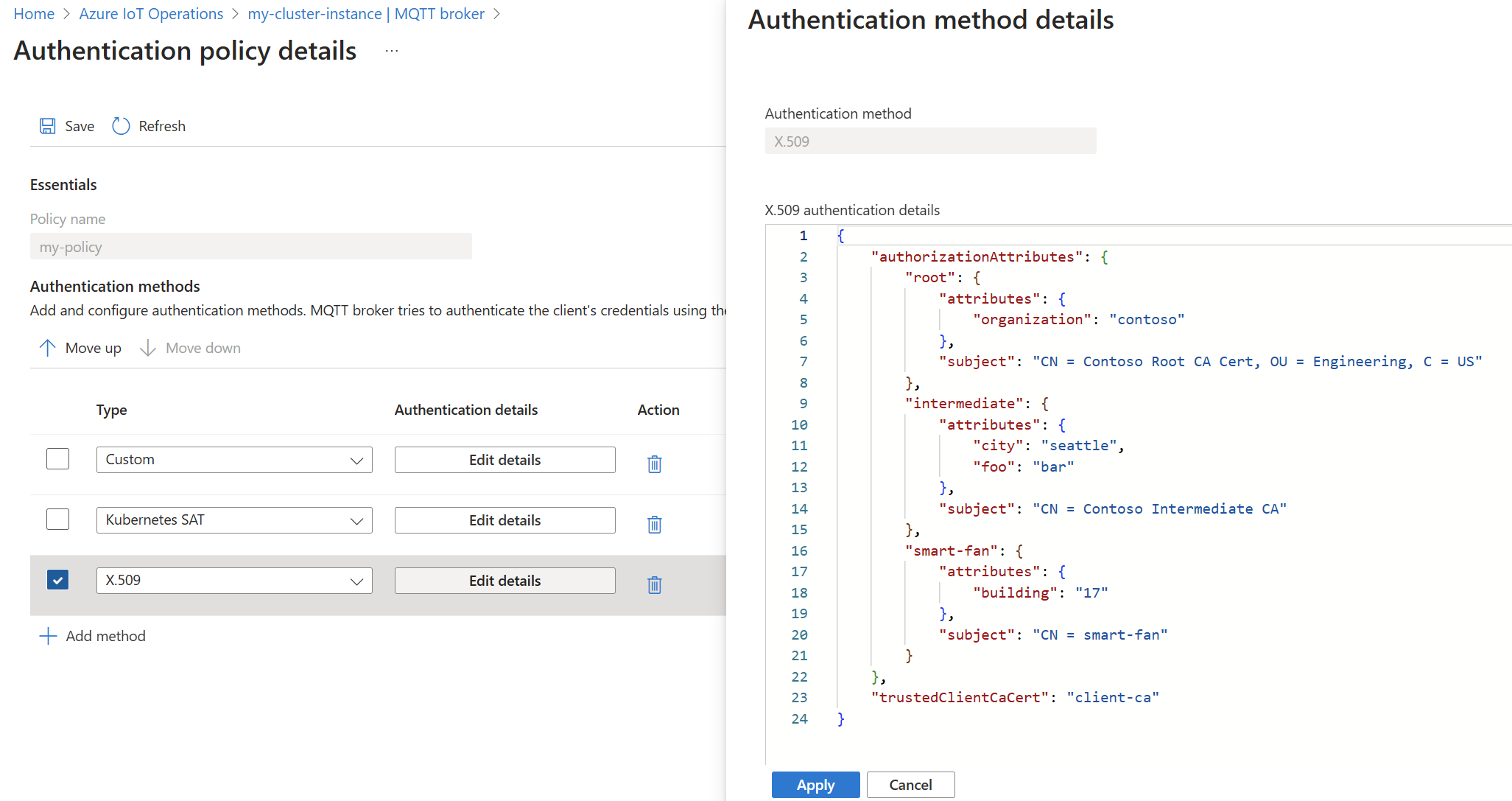 Azure portal を使用して MQTT ブローカーの X.509 認証方法を設定するスクリーンショット。