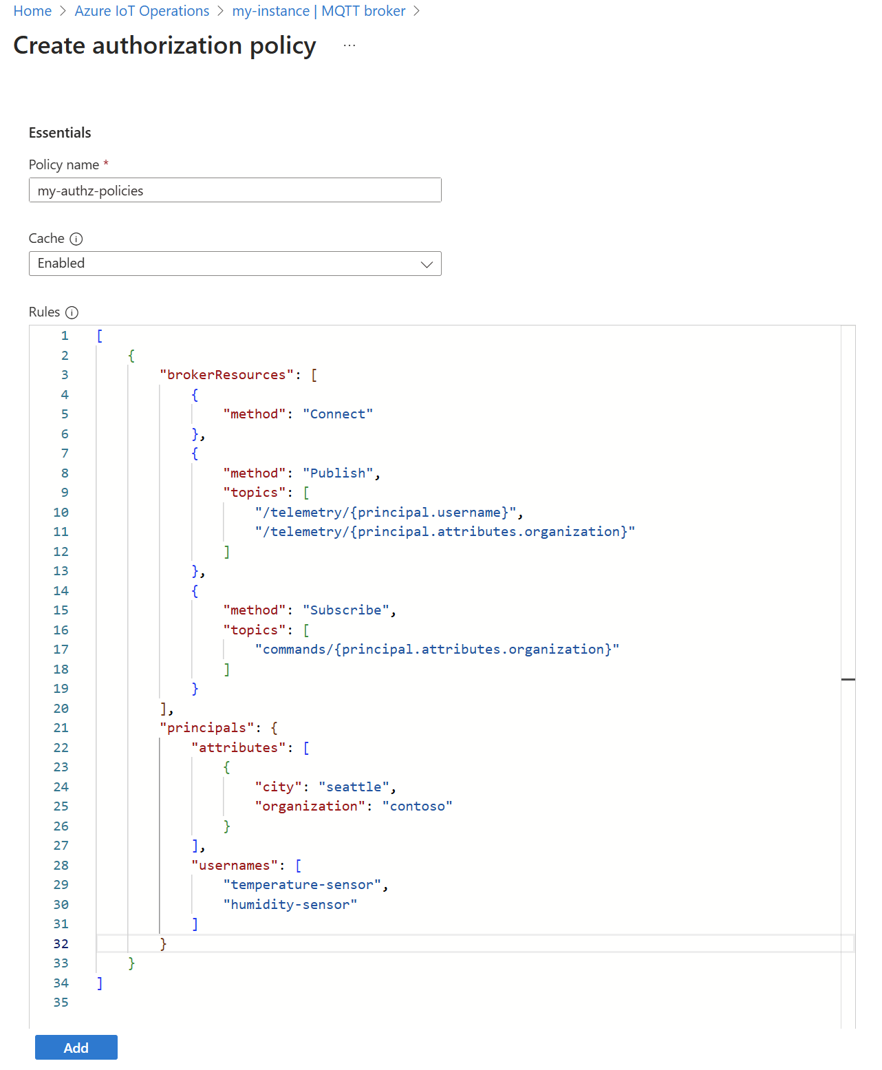 Azure portal を使用してブローカー承認規則を作成するスクリーンショット。